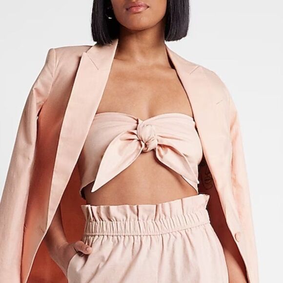 EXPRESS Linen-Blend Tie Front Bandeau Top / Crop Top in Pale Pink NWT (L + XL) - Picture 5 of 16